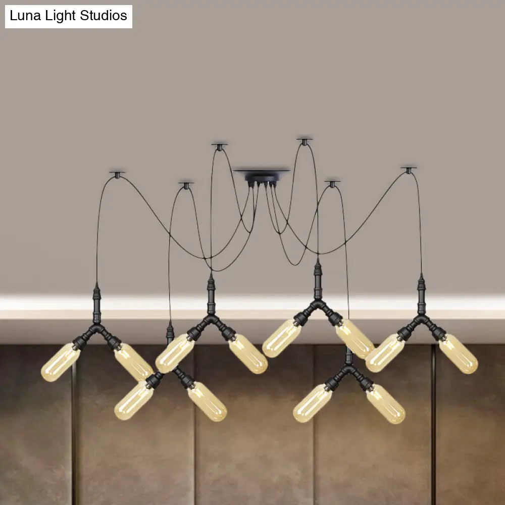 Industrial Amber Glass Swag Led Ceiling Lamp With Multiple Heads And Capsule Design In Black