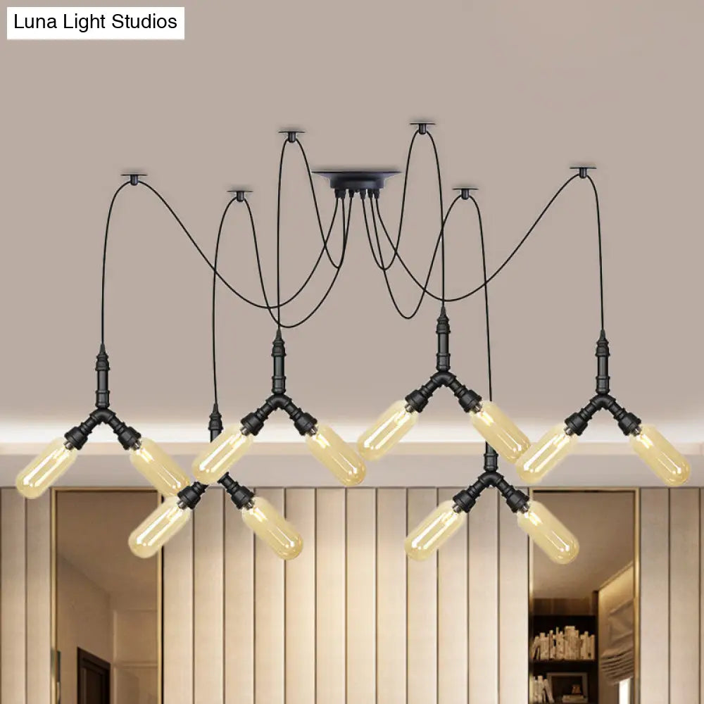 Industrial Amber Glass Swag Led Ceiling Lamp With Multiple Heads And Capsule Design In Black 12 /