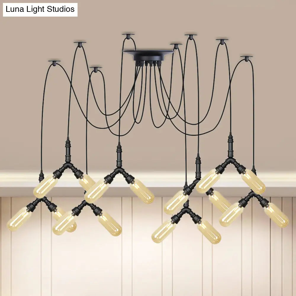 Industrial Amber Glass Swag Led Ceiling Lamp With Multiple Heads And Capsule Design In Black 16 /