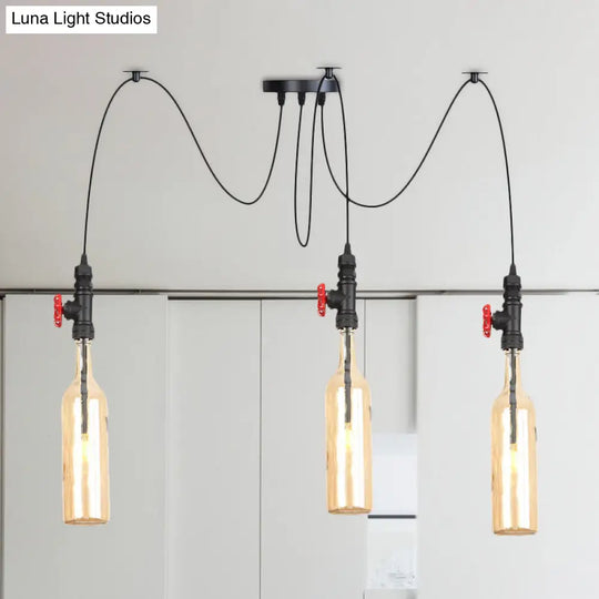 Industrial Bottle Multi Pendant Light - Amber Glass Swag Suspension Lamp 3 / Black