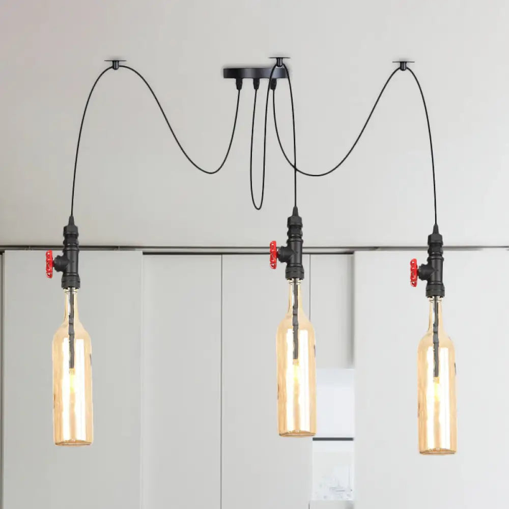 Amber Glass Swag Suspension Lamp - Industrial Bottle Pendant Light 2/3-Head In Black 3 /