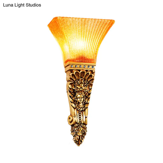 Amber Glass Torch Sconce Light: Colonial Style With Gold Finish Wall Mount Single Bulb Ribbed Design