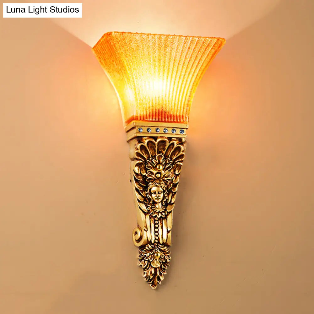 Amber Glass Torch Sconce Light: Colonial Style With Gold Finish Wall Mount Single Bulb Ribbed Design