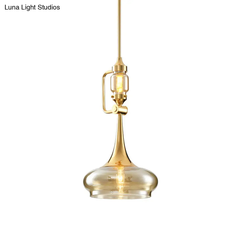 Amber Glass Trumpet Pendant Colonial 2-Light Ceiling Fixture Gold Finish - Ideal For Restaurants!