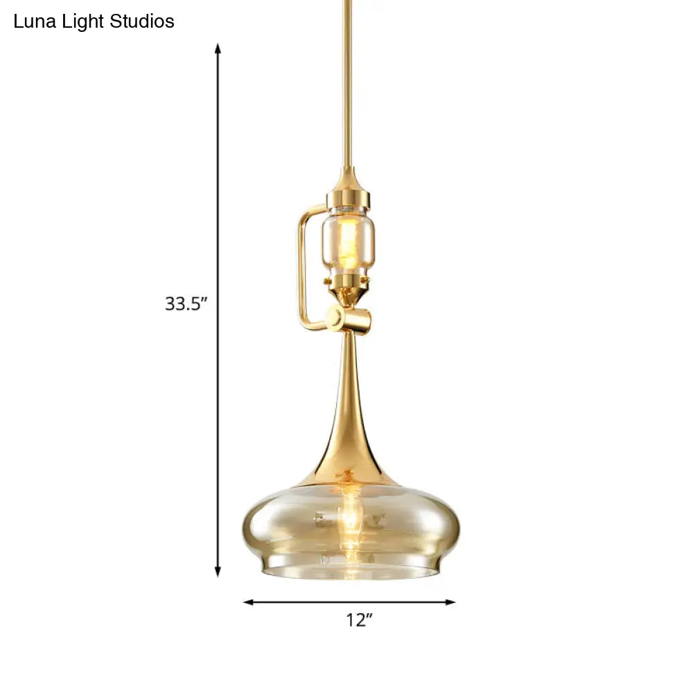 Amber Glass Trumpet Pendant Colonial 2-Light Ceiling Fixture Gold Finish - Ideal For Restaurants!