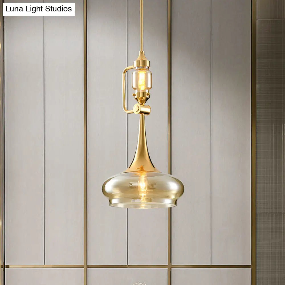 Amber Glass Trumpet Pendant Colonial 2-Light Ceiling Fixture Gold Finish - Ideal For Restaurants!