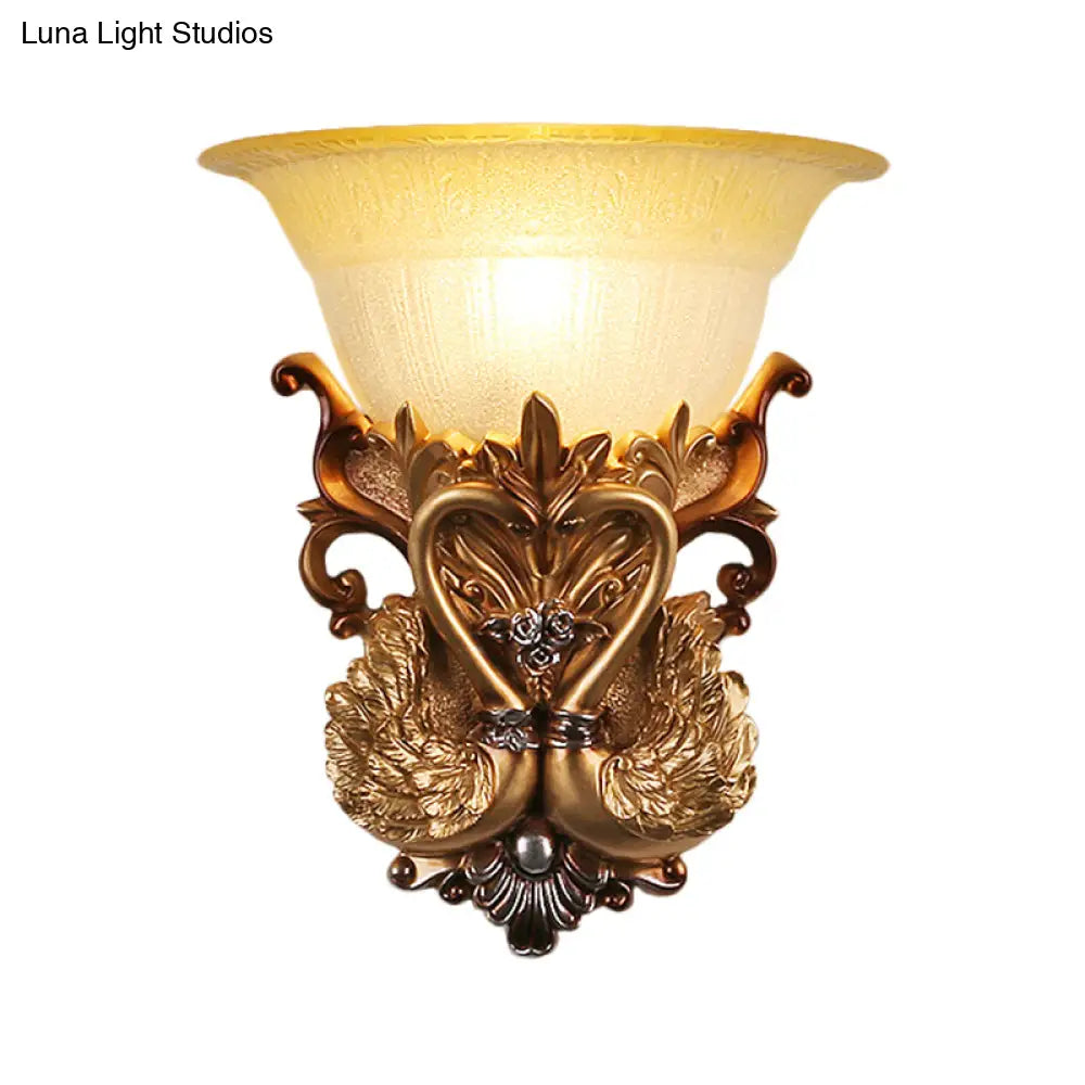 Amber Glass Wall Mount Lamp - Modernist Style 10/13 Width Living Room Sconce With Golden Swan Design