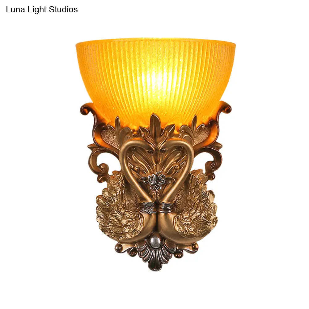 Amber Glass Wall Mount Lamp - Modernist Style 10/13 Width Living Room Sconce With Golden Swan Design