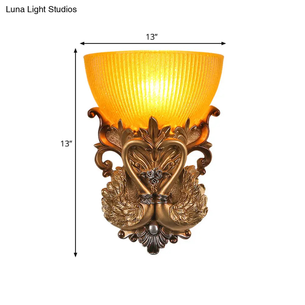 Amber Glass Wall Mount Lamp - Modernist Style 10/13 Width Living Room Sconce With Golden Swan Design