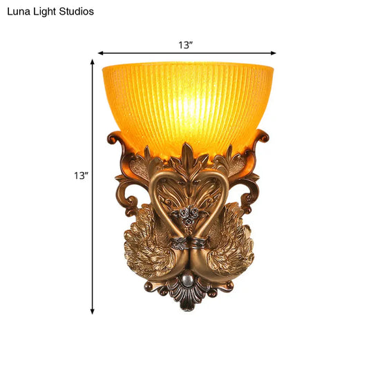 Amber Glass Wall Mount Lamp - Modernist Style 10/13 Width Living Room Sconce With Golden Swan Design