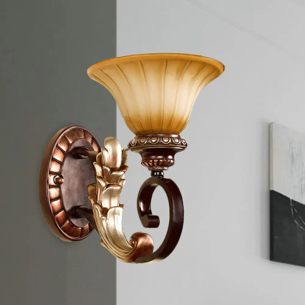 Amber Glass Wall Sconce: Traditional Flared 1-Light Bronze Light With Curved Arm - For Living Room