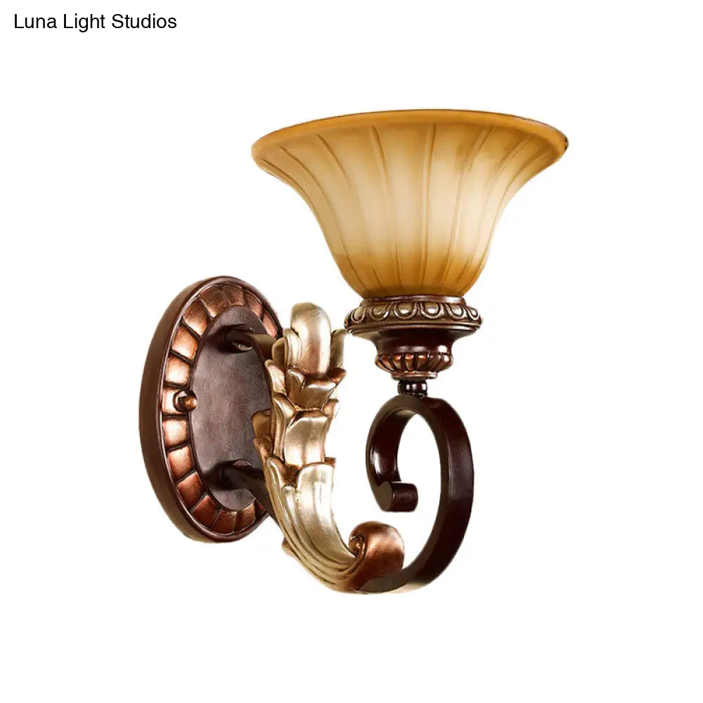 Amber Glass Wall Sconce: Traditional Flared 1-Light Bronze Light With Curved Arm - For Living Room