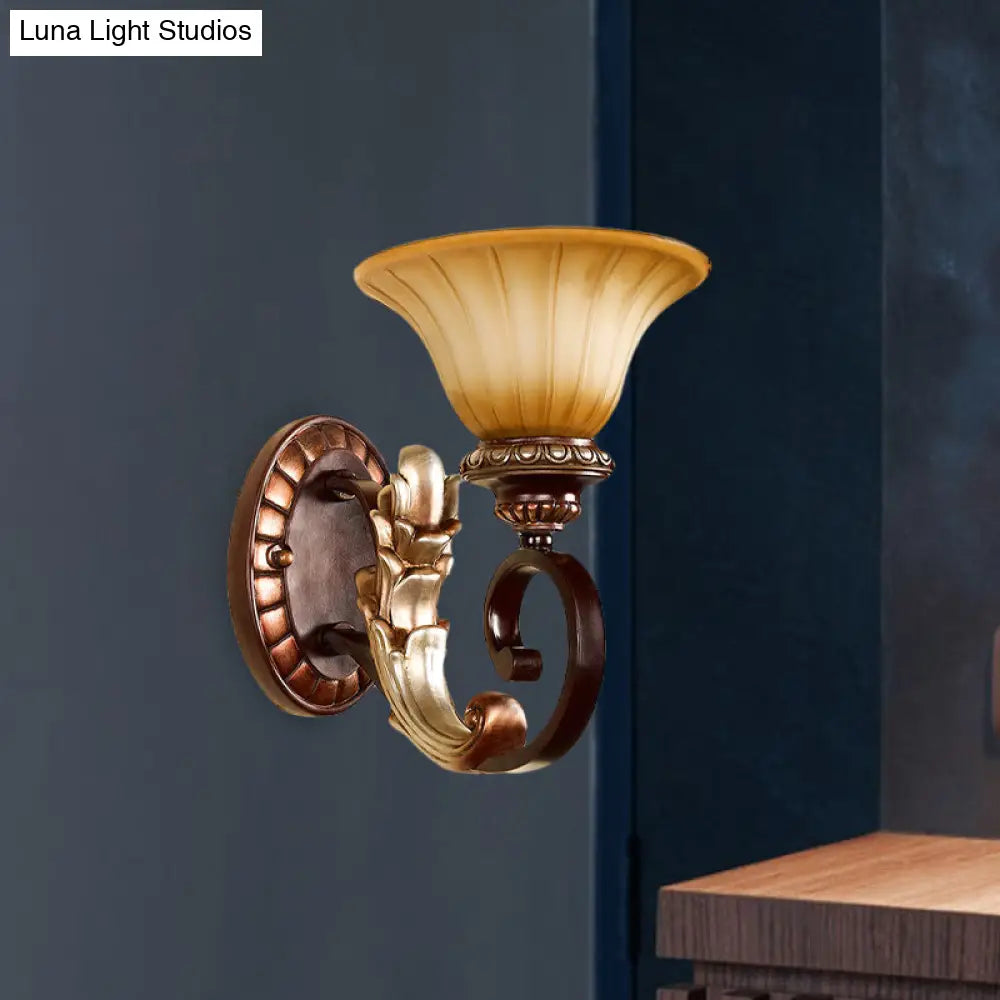 Amber Glass Wall Sconce: Traditional Flared 1-Light Bronze Light With Curved Arm - For Living Room