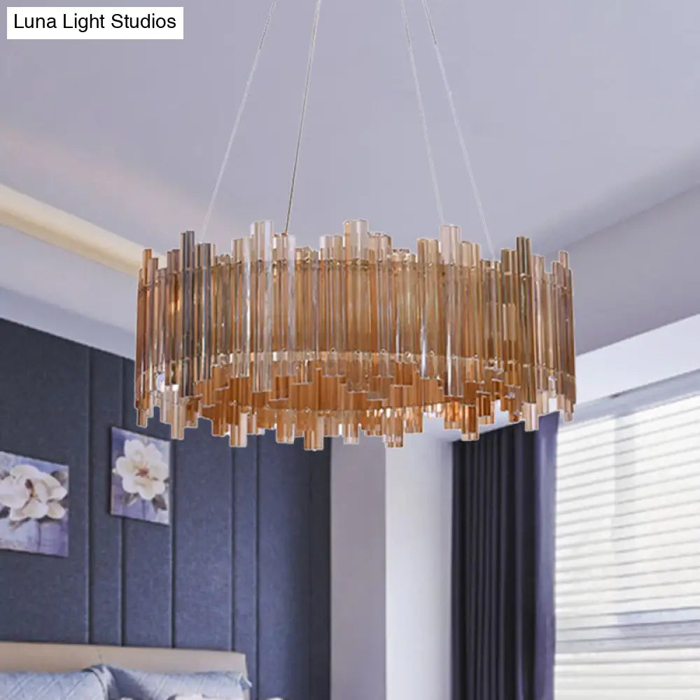 Amber Led Pendant Light Kit: Minimalist Drum Crystal Chandelier For Living Room