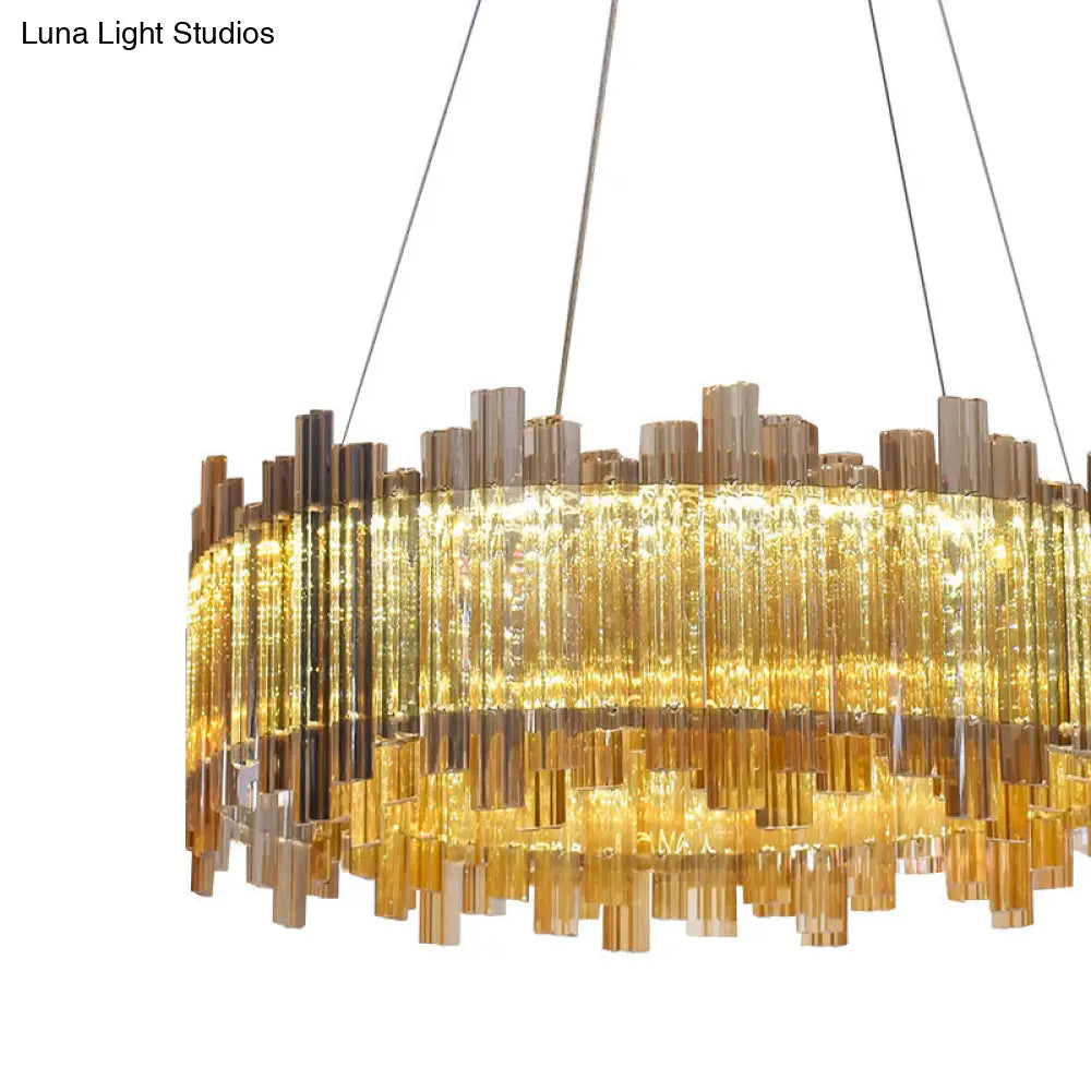 Amber Led Pendant Light Kit: Minimalist Drum Crystal Chandelier For Living Room