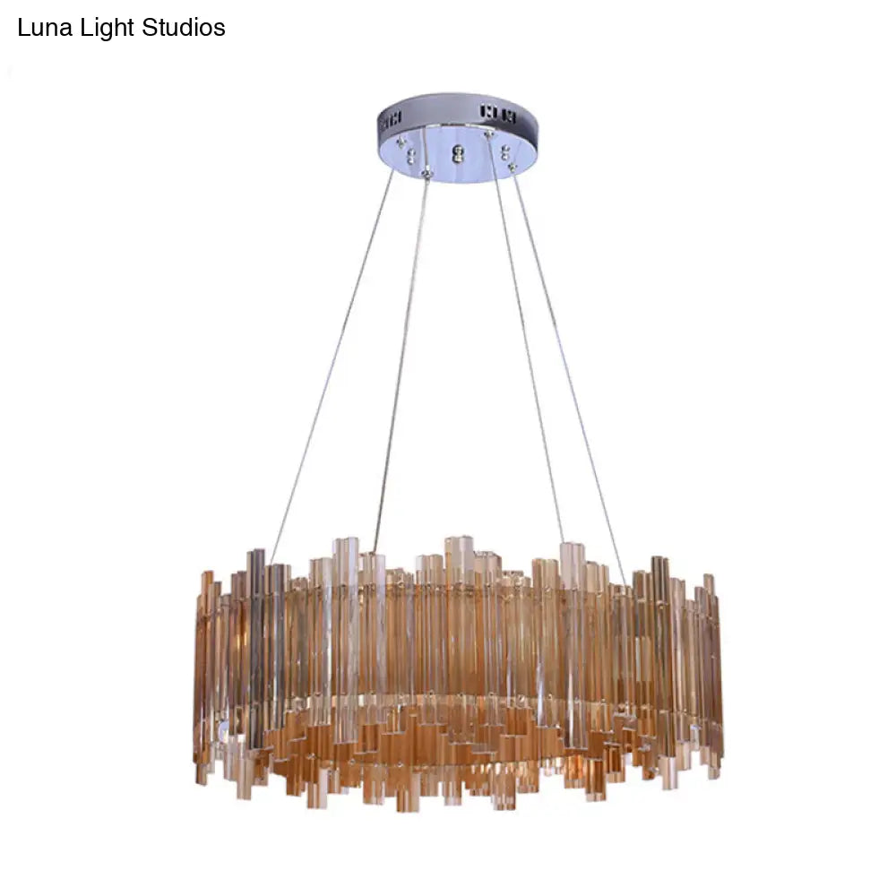 Amber Led Pendant Light Kit: Minimalist Drum Crystal Chandelier For Living Room