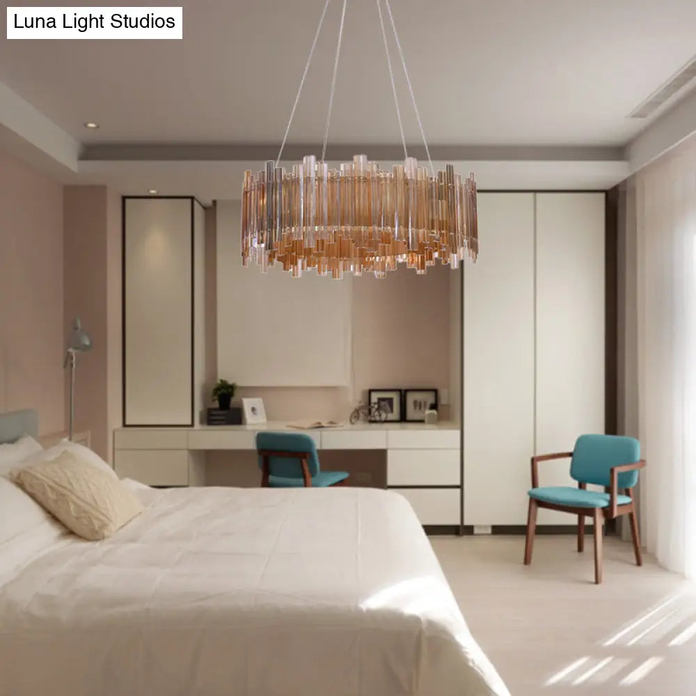 Amber Led Drum Crystal Chandelier Pendant Light For Minimalist Living Room