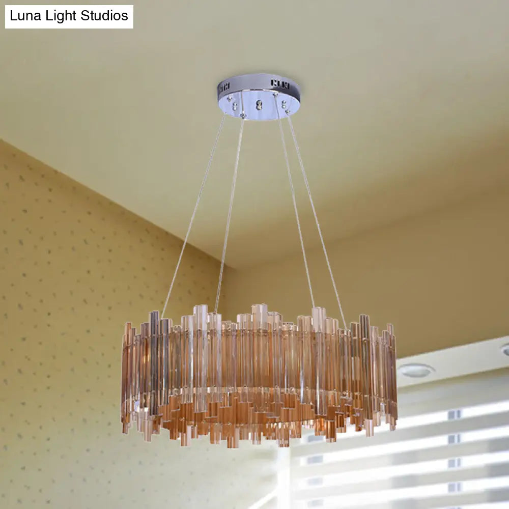 Amber Led Pendant Light Kit: Minimalist Drum Crystal Chandelier For Living Room