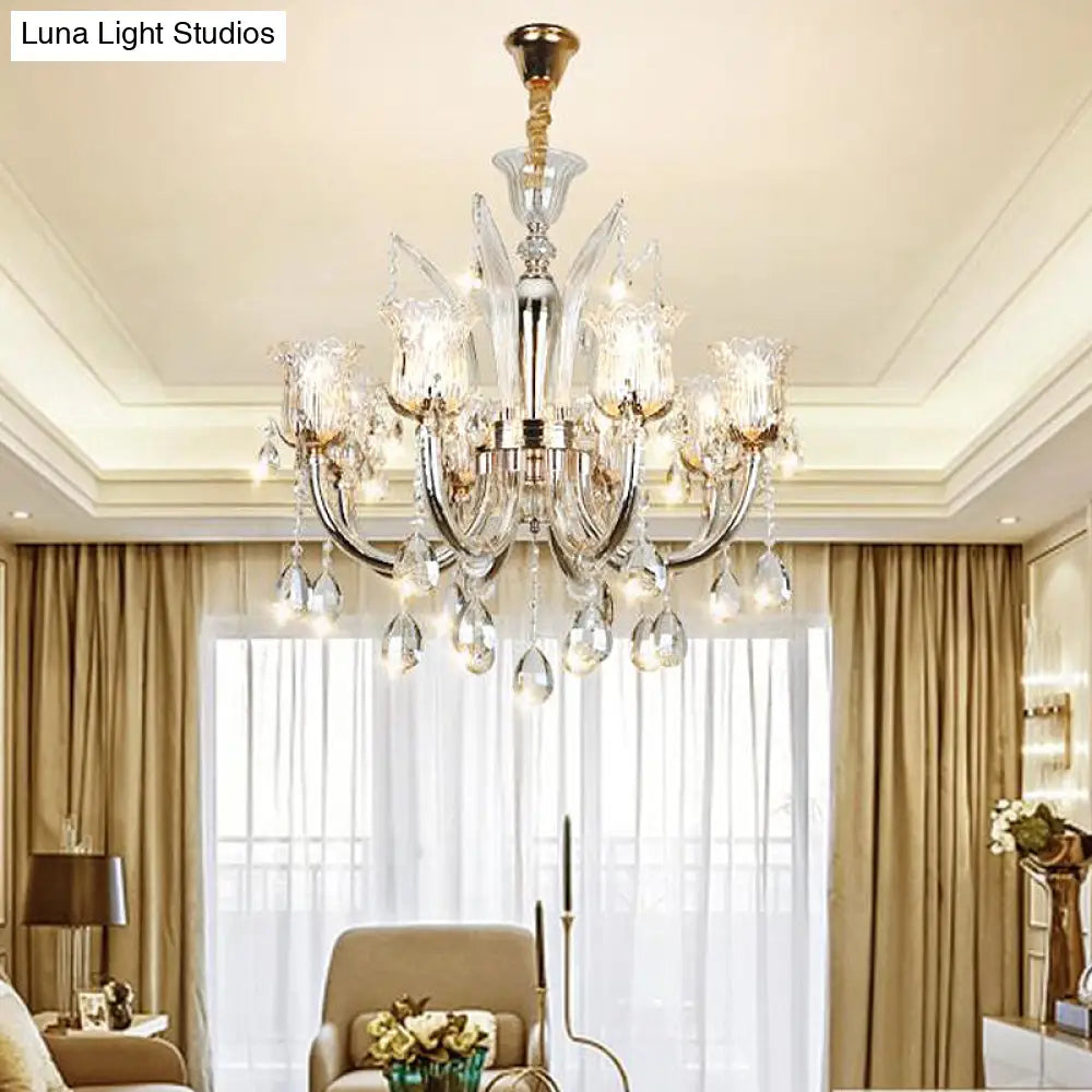 Amber Pendant Chandelier Light With Floral Clear Glass Shade - Modern Living Room Fixture 6/8-Bulb