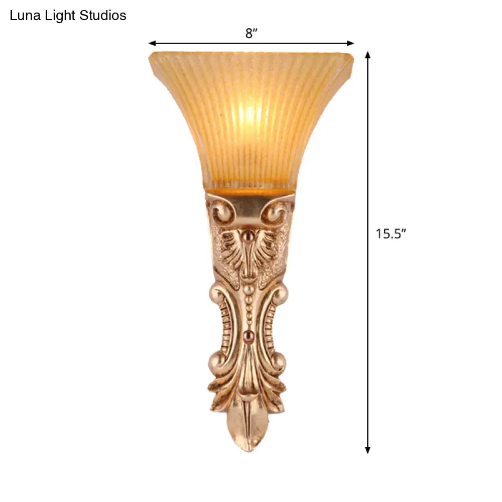 Amber Ribbed Glass Wall Sconce Single Head Antiqued Trapezoid Design In Gold