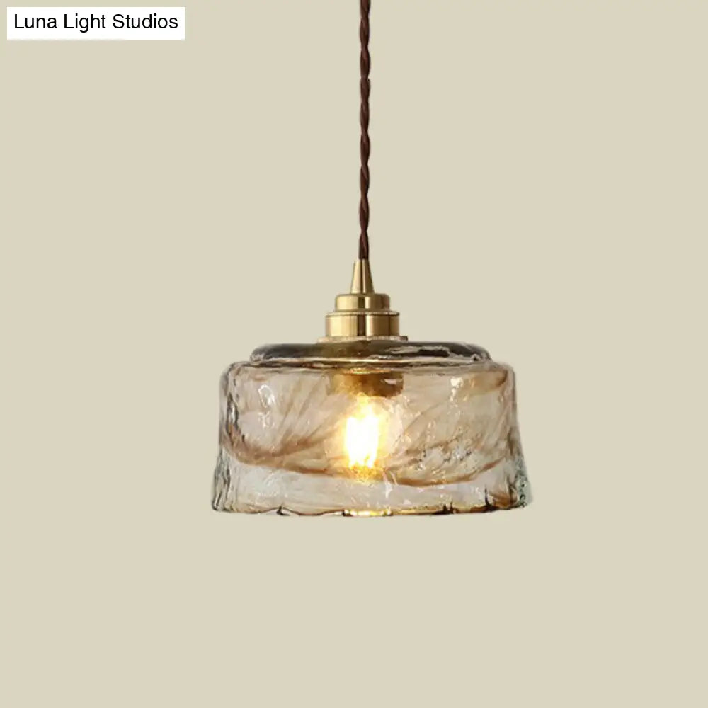 Amber Rippled Glass Pendant Lamp - Modern Bowl Drop Design With 1 Light Gold Finish