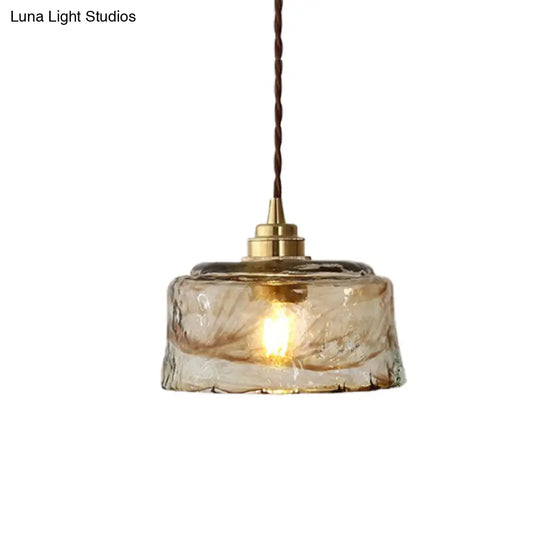 Amber Rippled Glass Pendant Lamp - Modern Bowl Drop Design With 1 Light Gold Finish