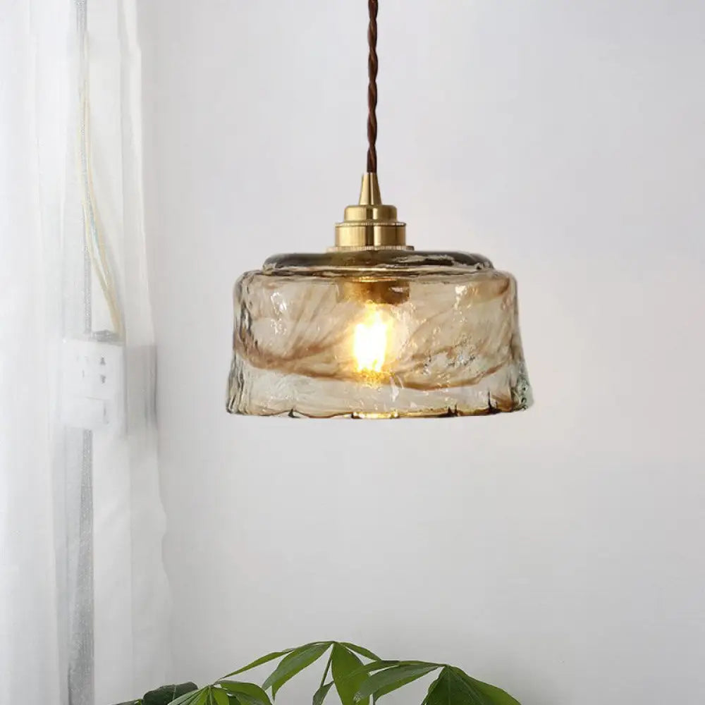 Amber Rippled Glass Bowl Drop Pendant Lamp - Modern 1-Light Gold Ceiling Light