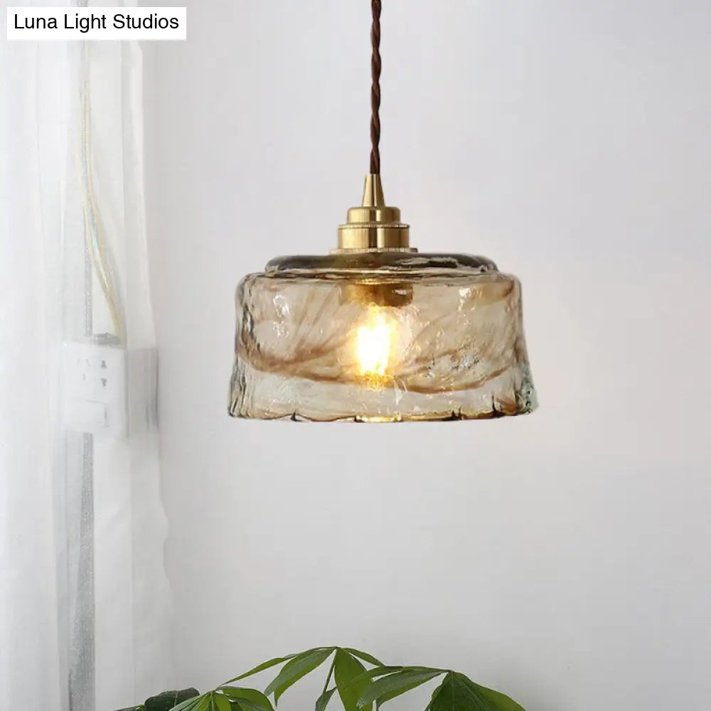 Amber Rippled Glass Pendant Lamp - Modern Bowl Drop Design With 1 Light Gold Finish