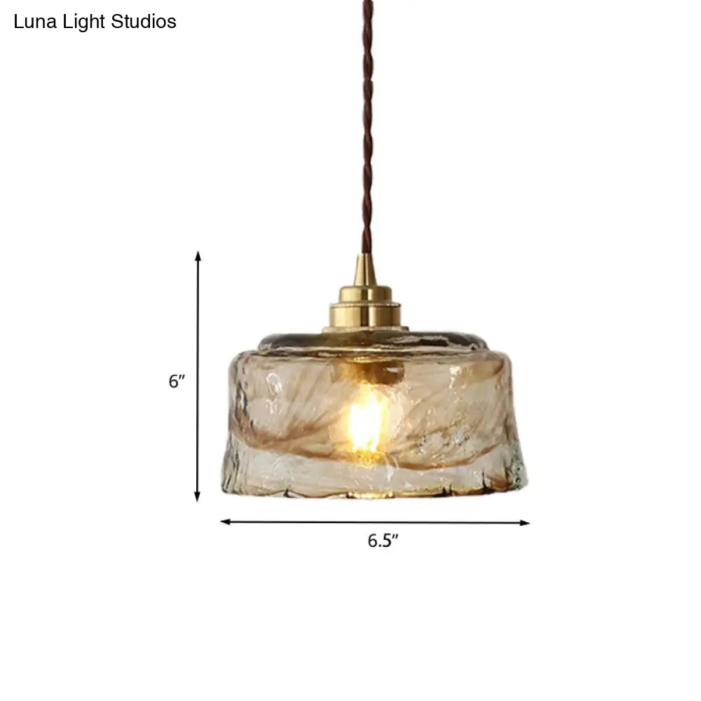 Amber Rippled Glass Pendant Lamp - Modern Bowl Drop Design With 1 Light Gold Finish