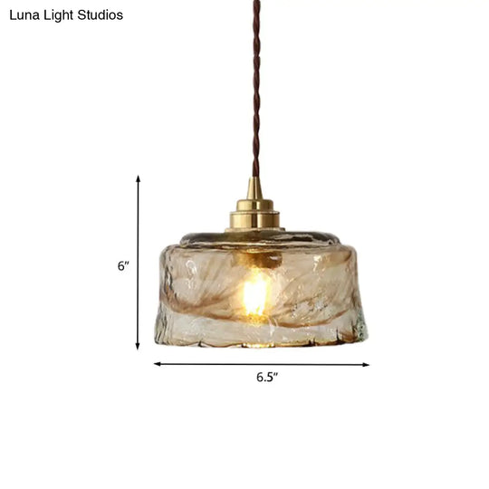 Amber Rippled Glass Pendant Lamp - Modern Bowl Drop Design With 1 Light Gold Finish