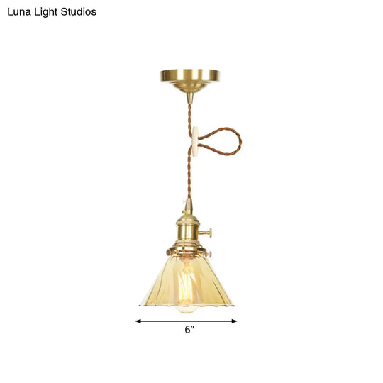 Amber Ruffle Glass Pendant Lamp - Retro Flared Style 1-Light Ceiling Hanging Light For Kitchen