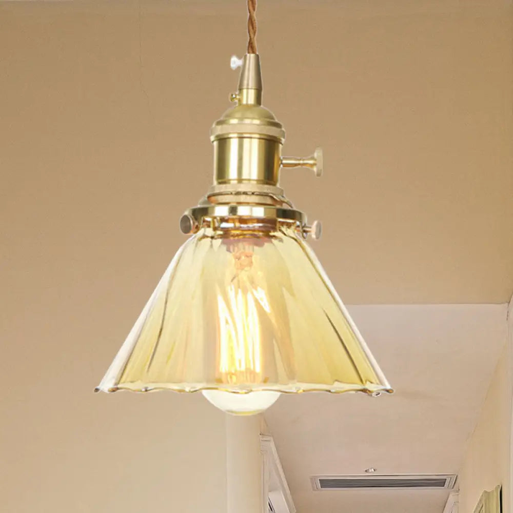 Amber Ruffle Glass Pendant Lamp - Retro Flared Style 1-Light Ceiling Hanging Light For Kitchen / 1