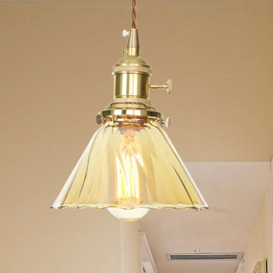 Amber Ruffle Glass Pendant Lamp - Retro Flared Style 1-Light Ceiling Hanging Light For Kitchen / 1