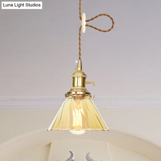 Amber Ruffle Glass Pendant Lamp - Retro Flared Style 1-Light Ceiling Hanging Light For Kitchen