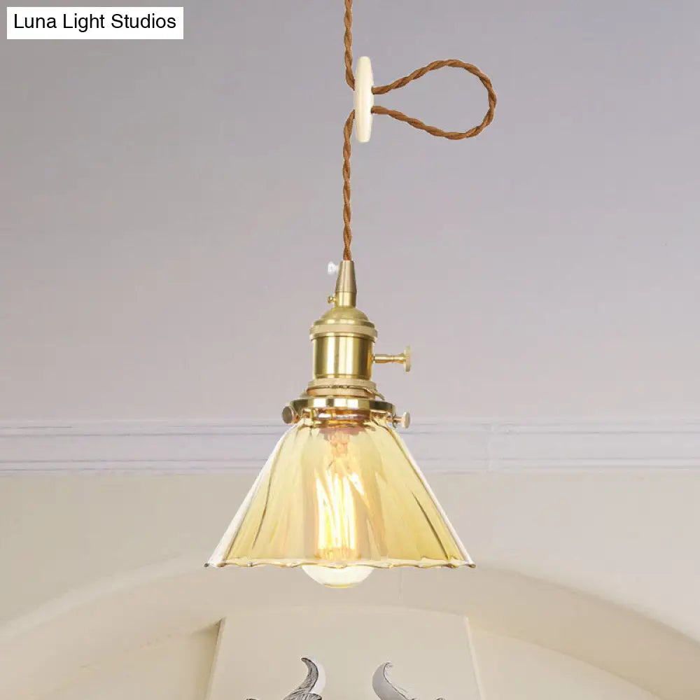 Amber Ruffle Glass Pendant Lamp - Retro Flared Style 1 Light Kitchen Ceiling Hanging