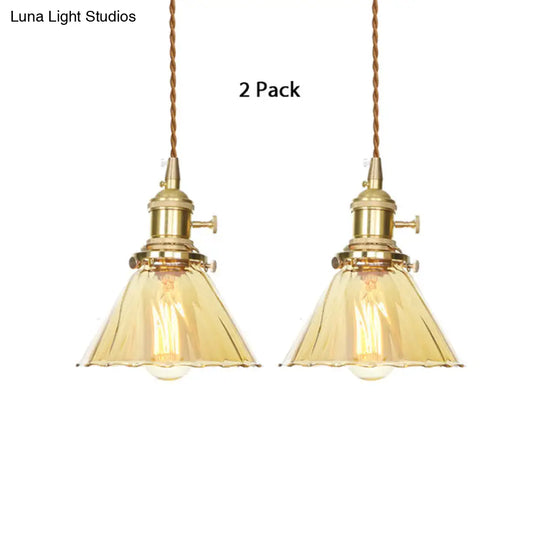 Amber Ruffle Glass Pendant Lamp - Retro Flared Style 1 Light Kitchen Ceiling Hanging / 2