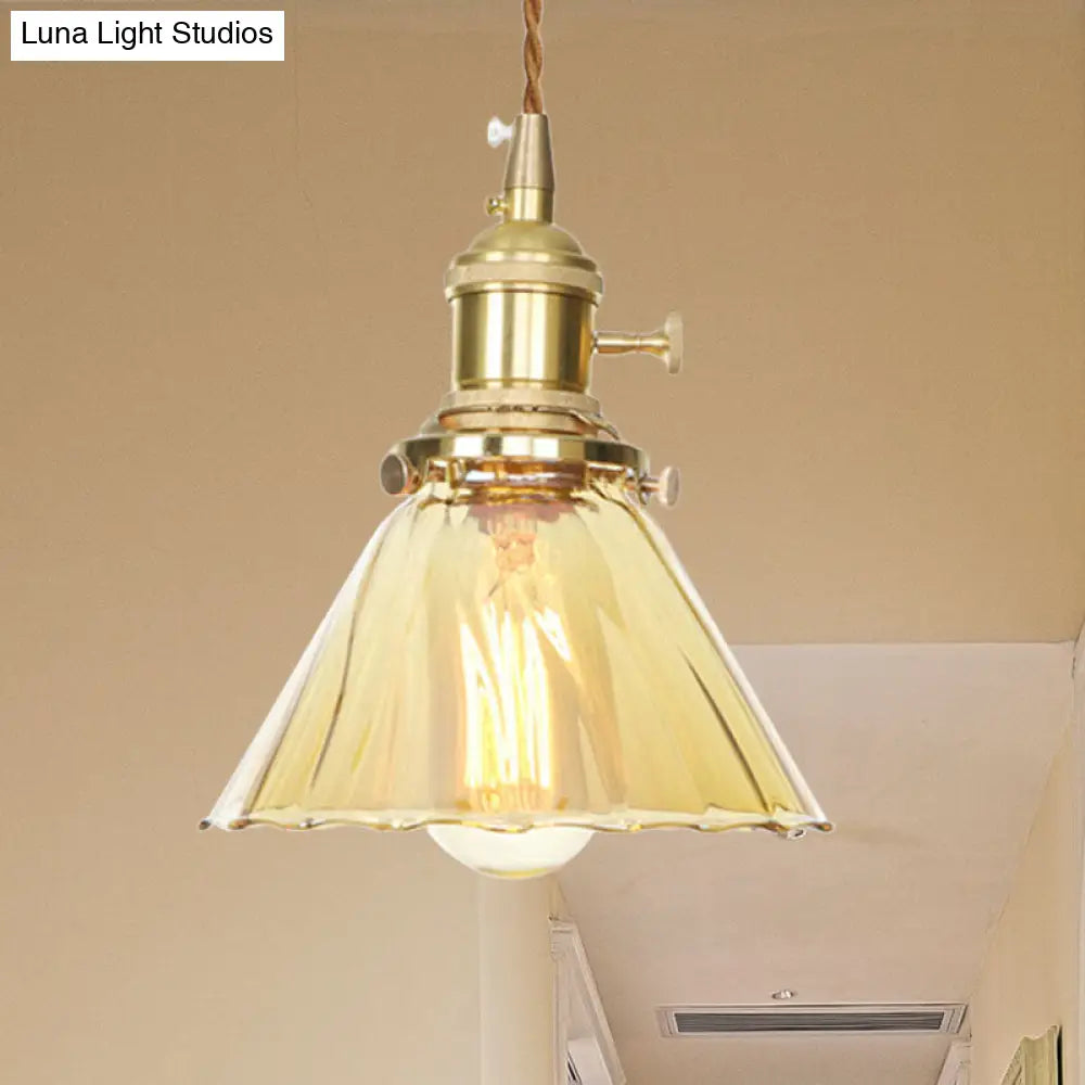 Amber Ruffle Glass Pendant Lamp - Retro Flared Style 1 Light Kitchen Ceiling Hanging /