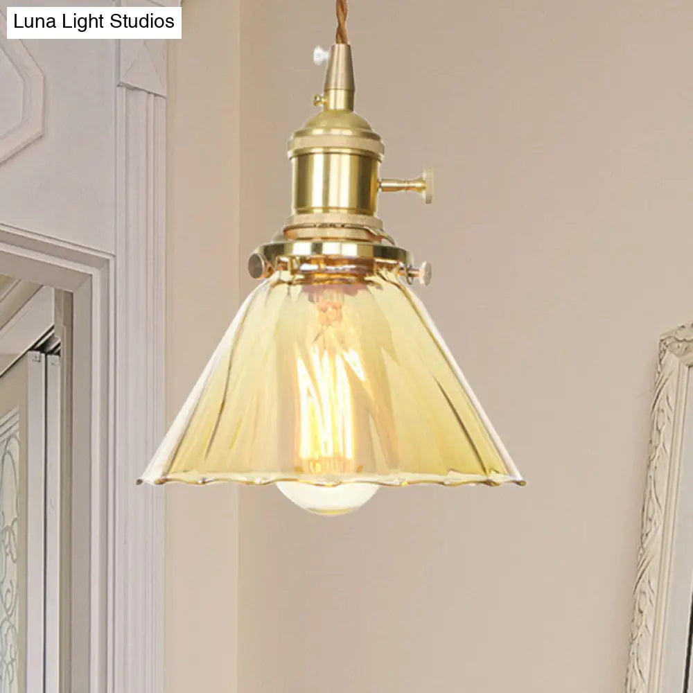 Amber Ruffle Glass Pendant Lamp - Retro Flared Style 1-Light Ceiling Hanging Light For Kitchen