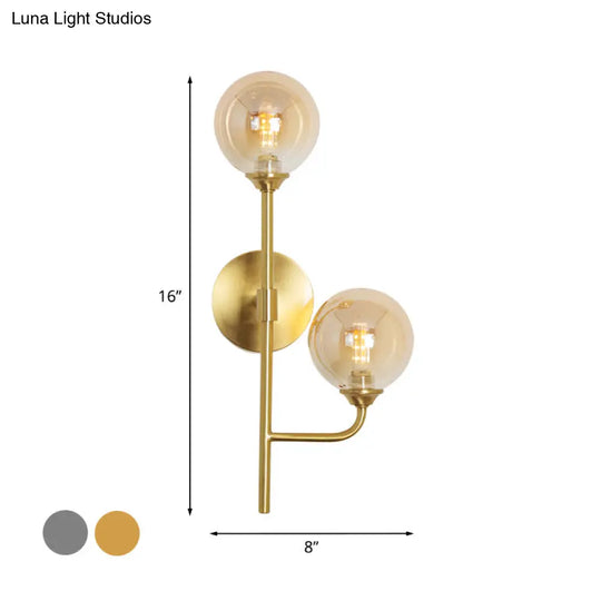 Amber/Smoke Gray Glass 2-Head Led Wall Sconce - Sphere Bathroom Mount Light With Brass Finish