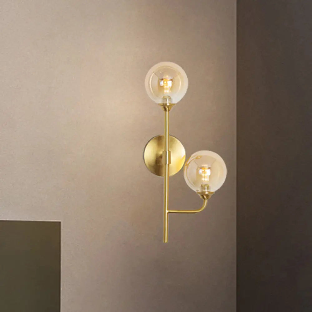 Amber/Smoke Gray Glass 2-Head Led Wall Sconce - Sphere Bathroom Mount Light With Brass Finish Amber