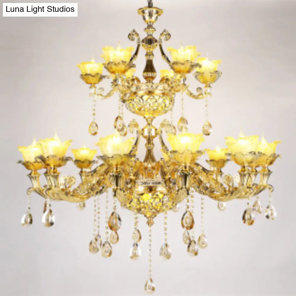 Modern Amber Glass Hanging Chandelier - Gold Living Room Pendant Light 18 /