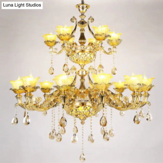 Modern Amber Glass Hanging Chandelier - Gold Living Room Pendant Light 18 /