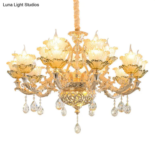 Modern Amber Glass Hanging Chandelier - Gold Living Room Pendant Light