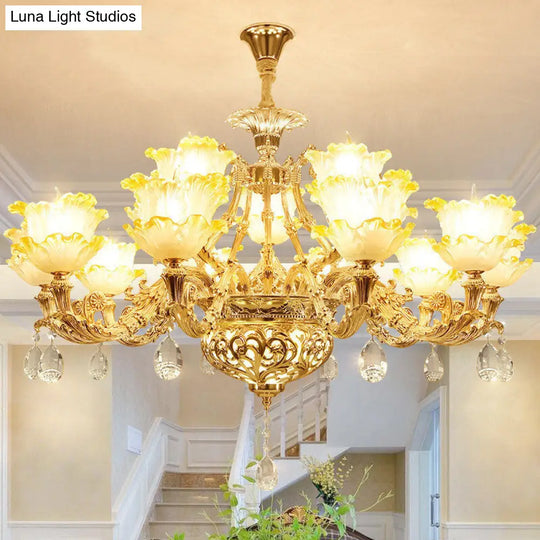 Modern Amber Glass Hanging Chandelier - Gold Living Room Pendant Light