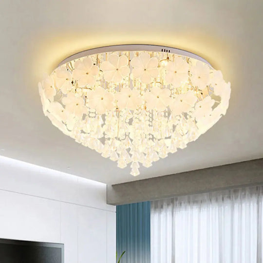 Amelia’s Glowing Elegance: Petal Flush Mount Light With Modern Crystal Flai White / 16’ Ceiling