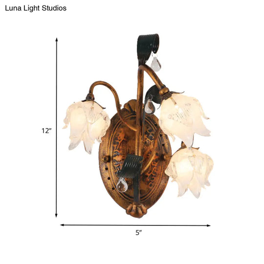 American 3-Head Metal Flower Wall Sconce Light Fixture In Brass Ideal For Living Room