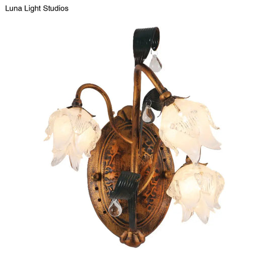 American 3-Head Metal Flower Wall Sconce Light Fixture In Brass Ideal For Living Room