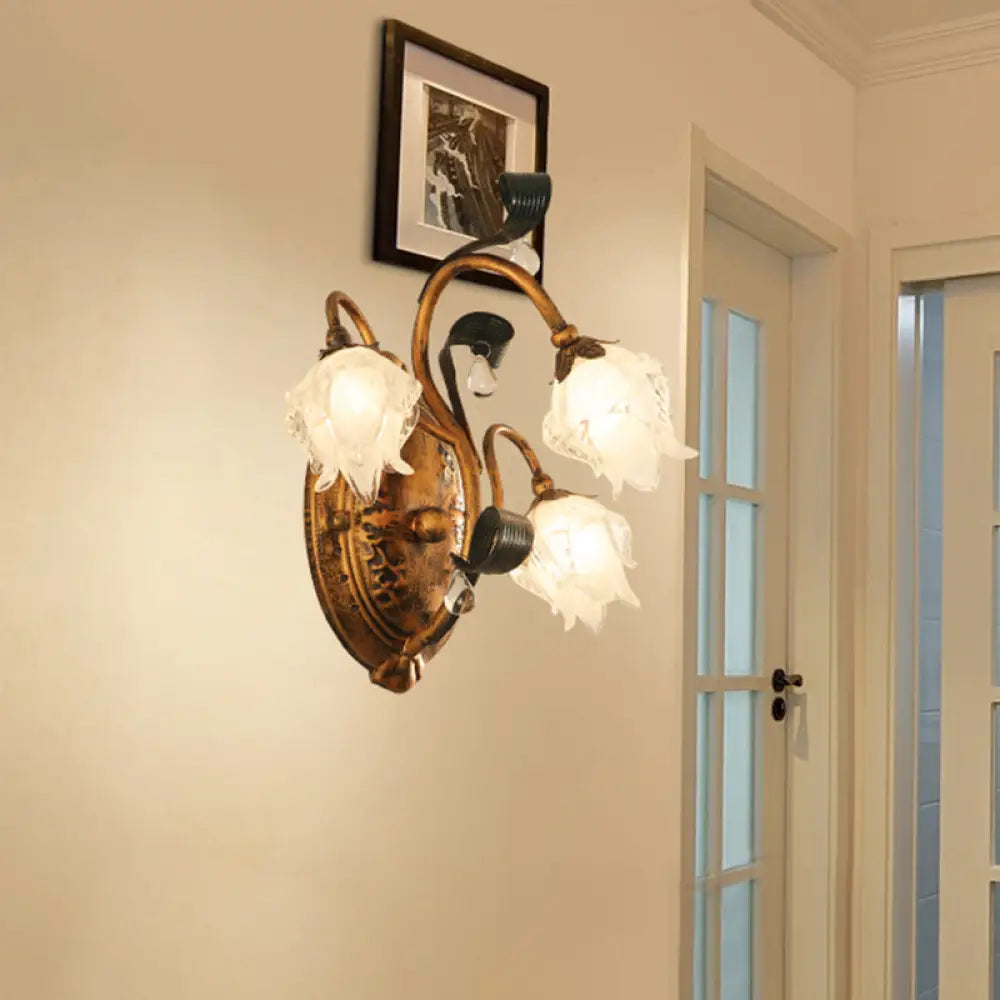 American 3-Head Metal Flower Wall Sconce Light Fixture In Brass Ideal For Living Room