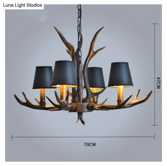 American Country Retro Style Antler 2 Tier Chandelier Lamp 4 Lights-Lampshade / Brushed Gold Black