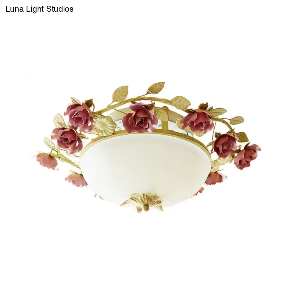 American Flower Bowl Ceiling Flush 3 - Light Opal Frosted Glass Flushmount Lighting - Pink/Green